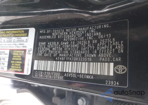 2013 Toyota Camry Le from USA, damaged, VIN 4T4BF1FK7DR323516